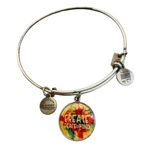 Alex and Ani Silver Bangle with Multicolor Peace Charm